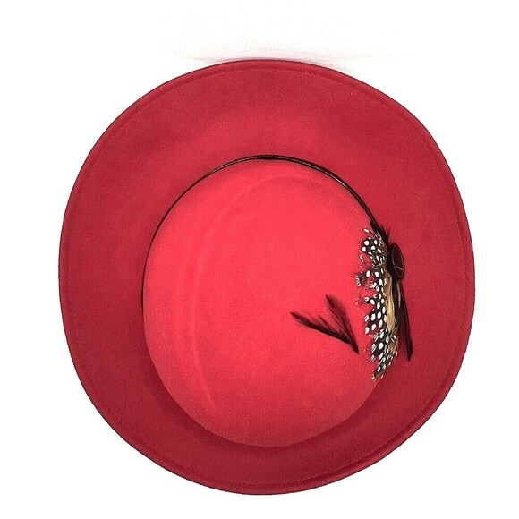 LANCASTER 100% Wool RED Hat With Feathers Black Patent Trim Made in USA - Picture 5 of 7